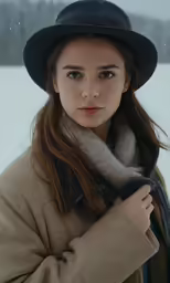a woman standing in the snow wearing a hat and scarf