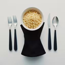 black and white place setting with spoons, forks and a cup