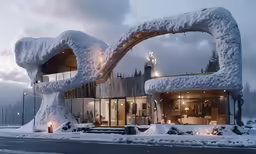 snow - covered buildings in front of a building under a cloudy sky