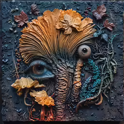 a painting of a large face made out of a leaf