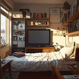 the tv is mounted above the bed in this bedroom