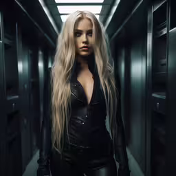 a woman is posing for the camera in the hallway,a blonde haired woman wearing all black is standing in an elevator