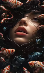 an artistic painting of a girl surrounded by many fish