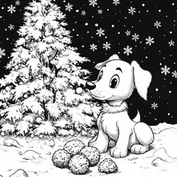 dog in front of christmas tree with snowballs
