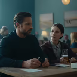 two people sitting at a bar having drinks