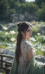 a young girl stands outside in the sunlight