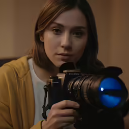 a young girl is holding an old camera