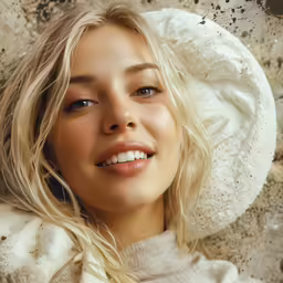 blonde woman in sweater wearing hat and posing