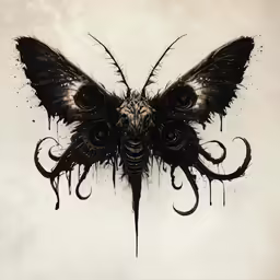 an artistic moth painting with feathers and swirls on it