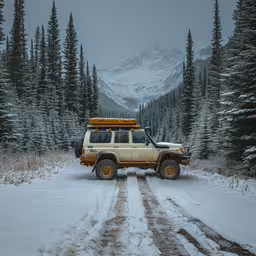a truck is pulling a trailer down a snowy road,an suv driving down a snowy road with trees in the background
