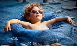 a woman with sunglasses on laying on her back