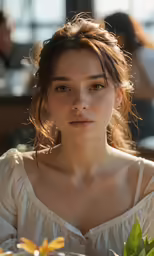 a woman sitting at a table holding a plate