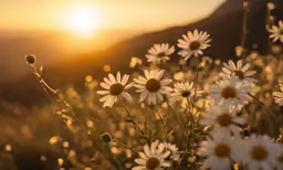 the sun setting over a field of daisies