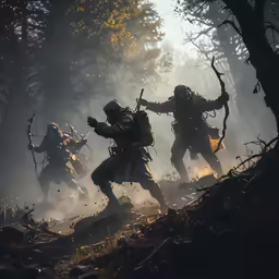 the military men are attacking in the foggy woods