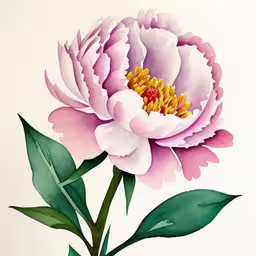painting of a large pink flower with green leaves,a flower that is on top of some water