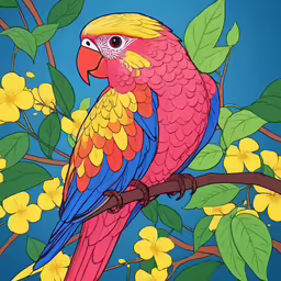 a bird sitting on top of a tree branch in front of flowers