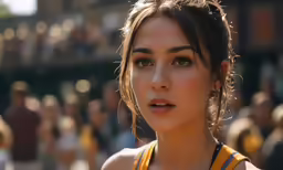 a beautiful woman posing for a photo in front of people