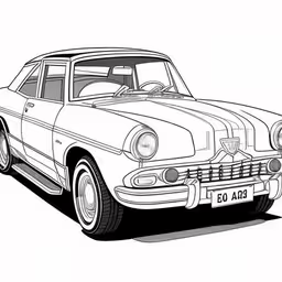 the drawing shows an old school car in black and white,a car coloring page, with no background