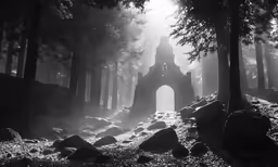 a stone archway in the middle of the forest