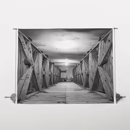 a drawing of wooden structure with a very long narrow corridor leading to the center