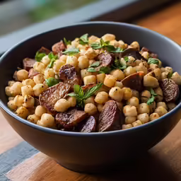 a bowl of food that is on a table