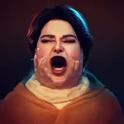 a woman with her mouth open yelling and holding hands over her face