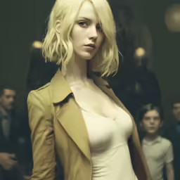 a blonde woman wearing a jacket stands before a group of people