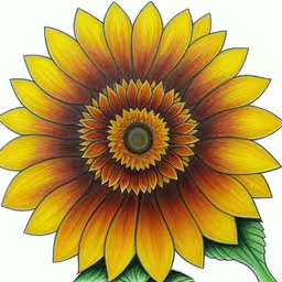 a drawing of a sunflower with an orange center,a sunflower that has been colored with color pencil