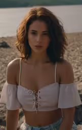 a woman is posing on the beach
