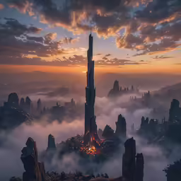 a sci - fiish city surrounded by low clouds