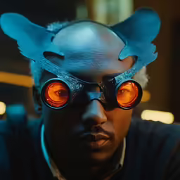 a man wearing an evil looking costume with glowing red eyes