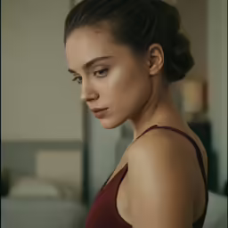 a woman with dark brown hair and a brown tank top is staring ahead