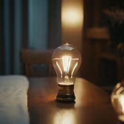 a glowing light bulb sitting on top of a table