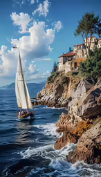 a sail boat with three people in it sailing by some buildings