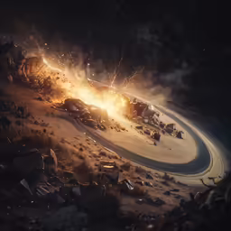 a car is driving around a big fireball