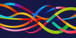 multi - colored ribbons create a flowing design against blue,colored ribbon flying up into the air