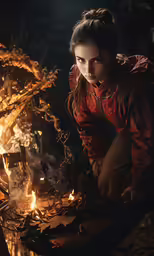 a woman dressed in red and holding something by fire