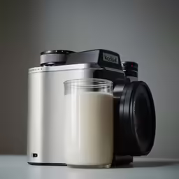 a glass with a liquid in it next to a camera