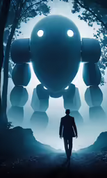 a person walking through a forest with some weird shaped balloons
