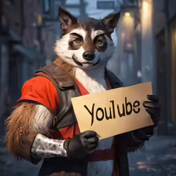a person in a costume holds a cardboard sign that reads youtube