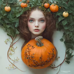 the image is showing a young girl next to a pumpkin