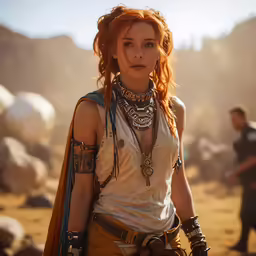 a woman in leather and jewelry standing next to a man in a black shirt