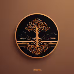 this circular gold and black button features a tree with a golden outline on it,a decorative wooden wall hanging above a tree