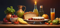 there are fruits on the table with a candle,a cake, fruit, and a pitcher sit next to a candle