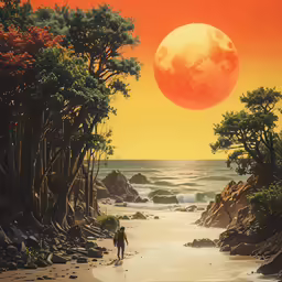 a painting of a man walking down a beach at sunset