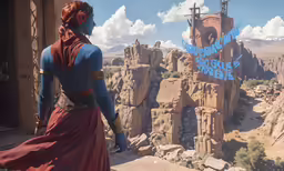 a woman in red dress standing on a rocky cliff
