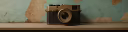 old camera with matching lens near blue wall
