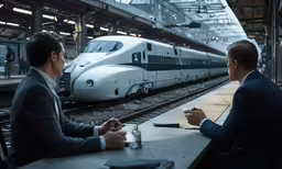 two men talk at a railway station as a bullet train passes by