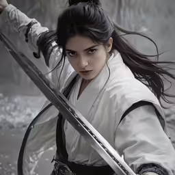 woman in a white dress holding two swords