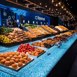 a buffet line has different types of food on it